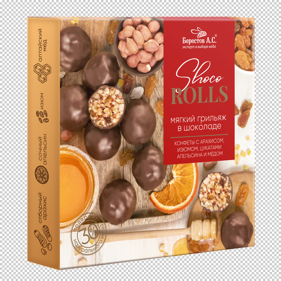  Берестов Shoco Rolls конфеты с арахисом, изюмом, цукатами апельсина и медом,  135г в Рассказове